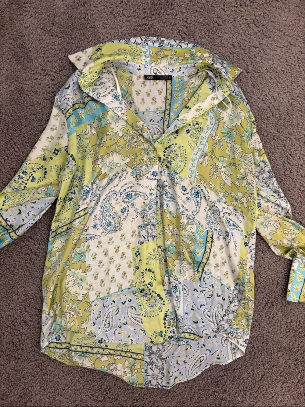 Zara Patchwork Paisley Button-Down Shirt - Lime Green & Light Blue